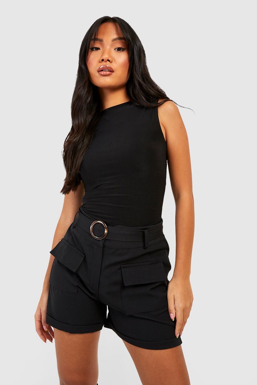 Black Petite Woven Belted Cargo Tailored Shorts image number 1