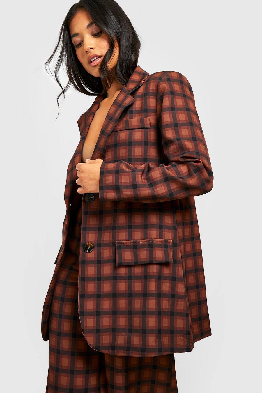 Brown Petite Check Oversized Blazer image number 1