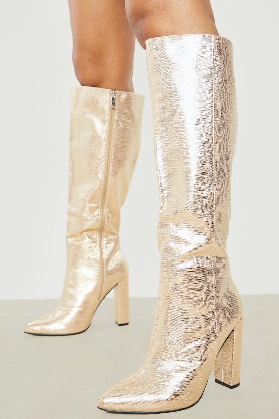 Gold Metallic Pointed Knee High Heeled Boots image number 1