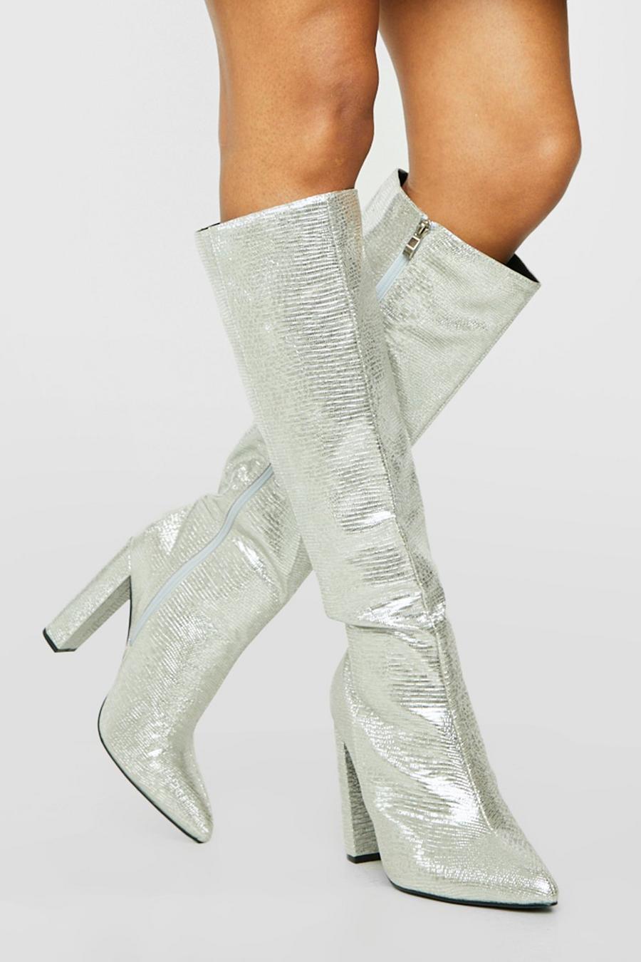 Silver Metallic Pointed Knee High Heeled Boots image number 1