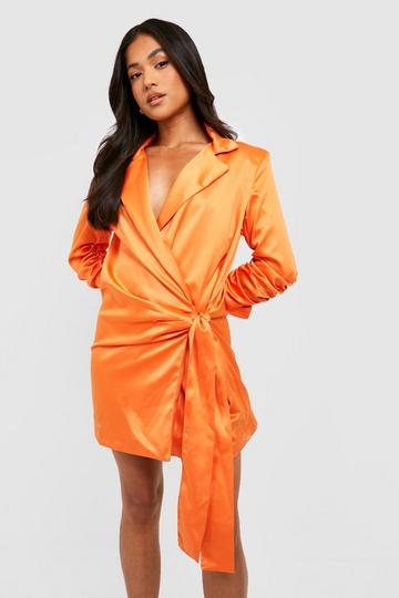 Petite Satin Ruched Sleeve Blazer Dress orange