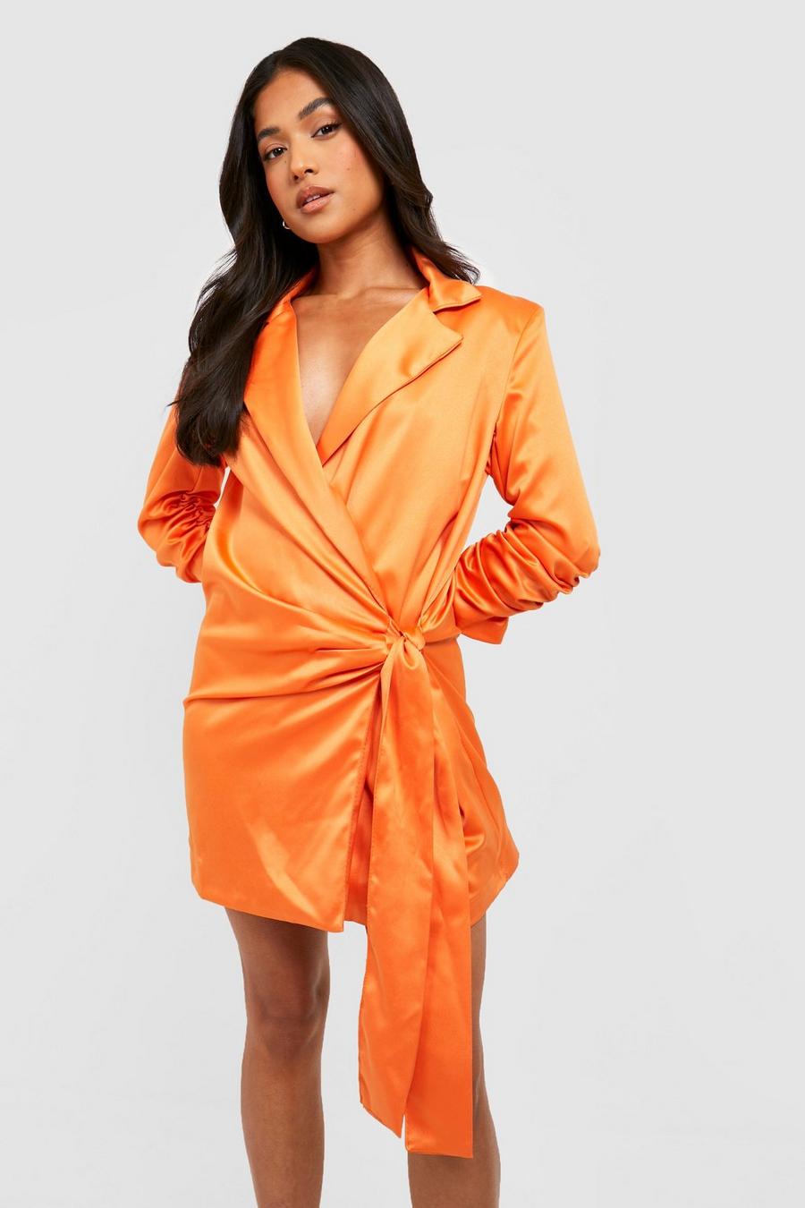 Orange Petite Satin Ruched Sleeve Blazer Dress image number 1