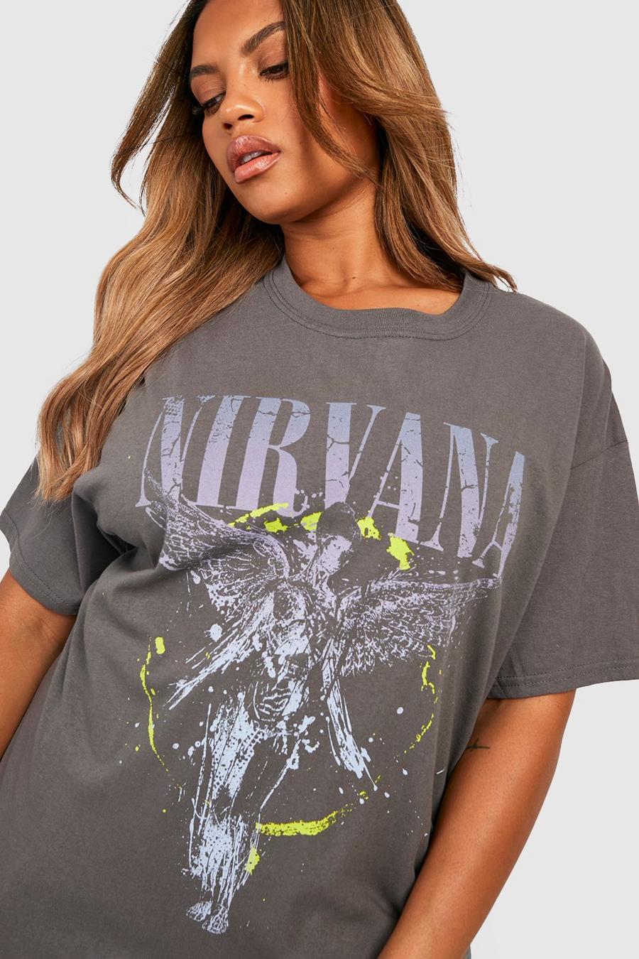 Plus T-Shirt mit Nirvana Neon Pop Band Print, Charcoal image number 1
