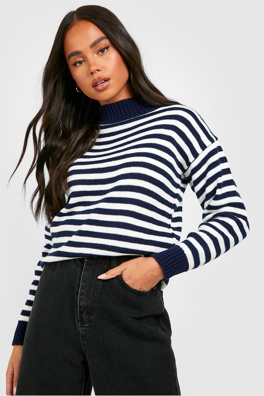 Navy Petite Stripe High Neck Oversized Sweater image number 1