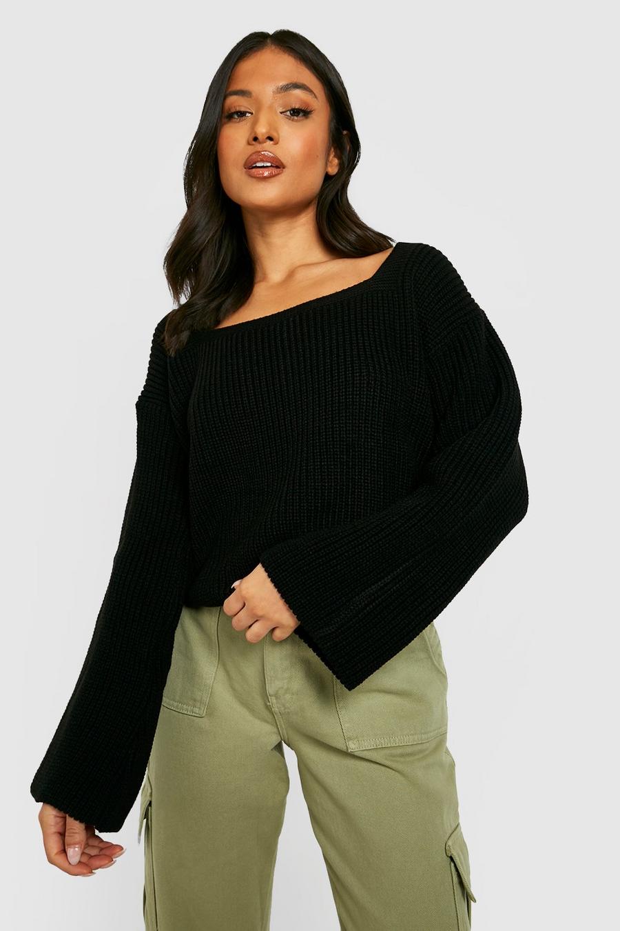 Black Petite Square Neck Wide Sleeve Knitted Sweater