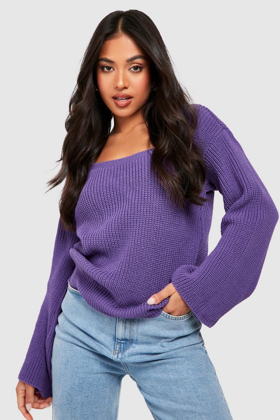 Purple Petite Square Neck Wide Sleeve Knitted Jumper image number 1
