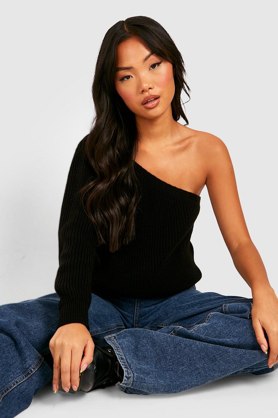 Black Petite Asymmetric One Shoulder Knitted Sweater image number 1