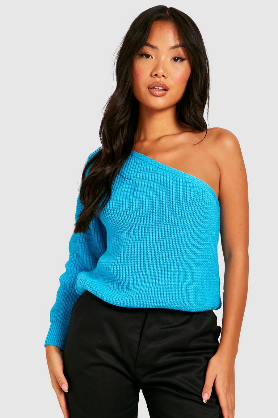 Turquoise Petite Asymmetric One Shoulder Knitted Jumper image number 1
