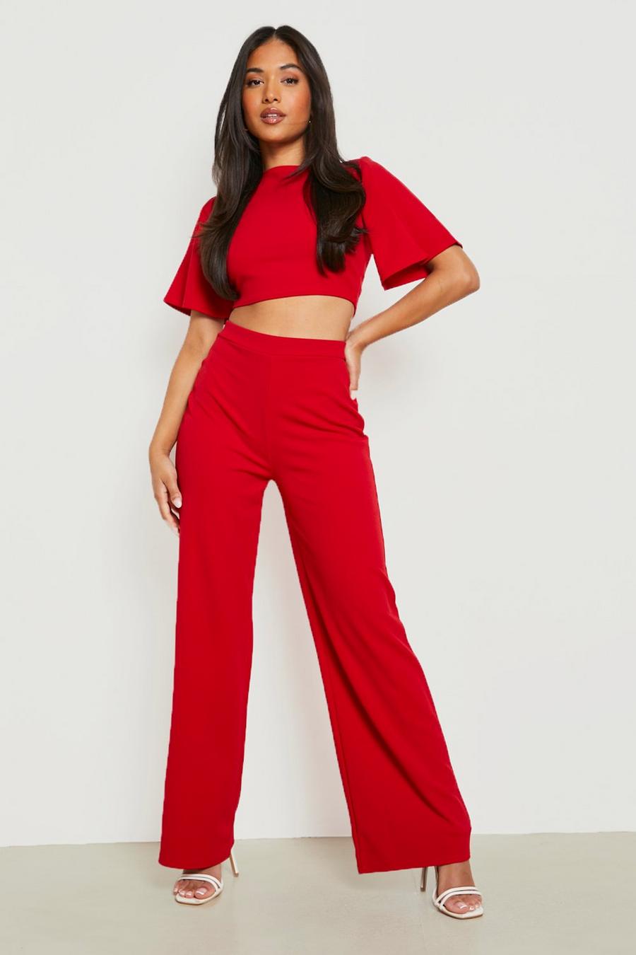 Red Petite Cape Sleeve Top & Pants Co-Ord image number 1