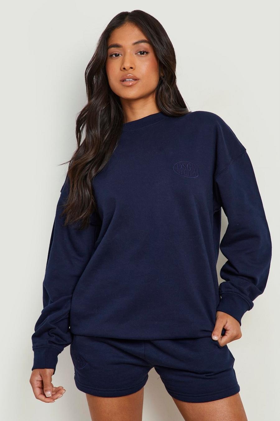 Navy Petite Embroidered Sweat Short Tracksuit