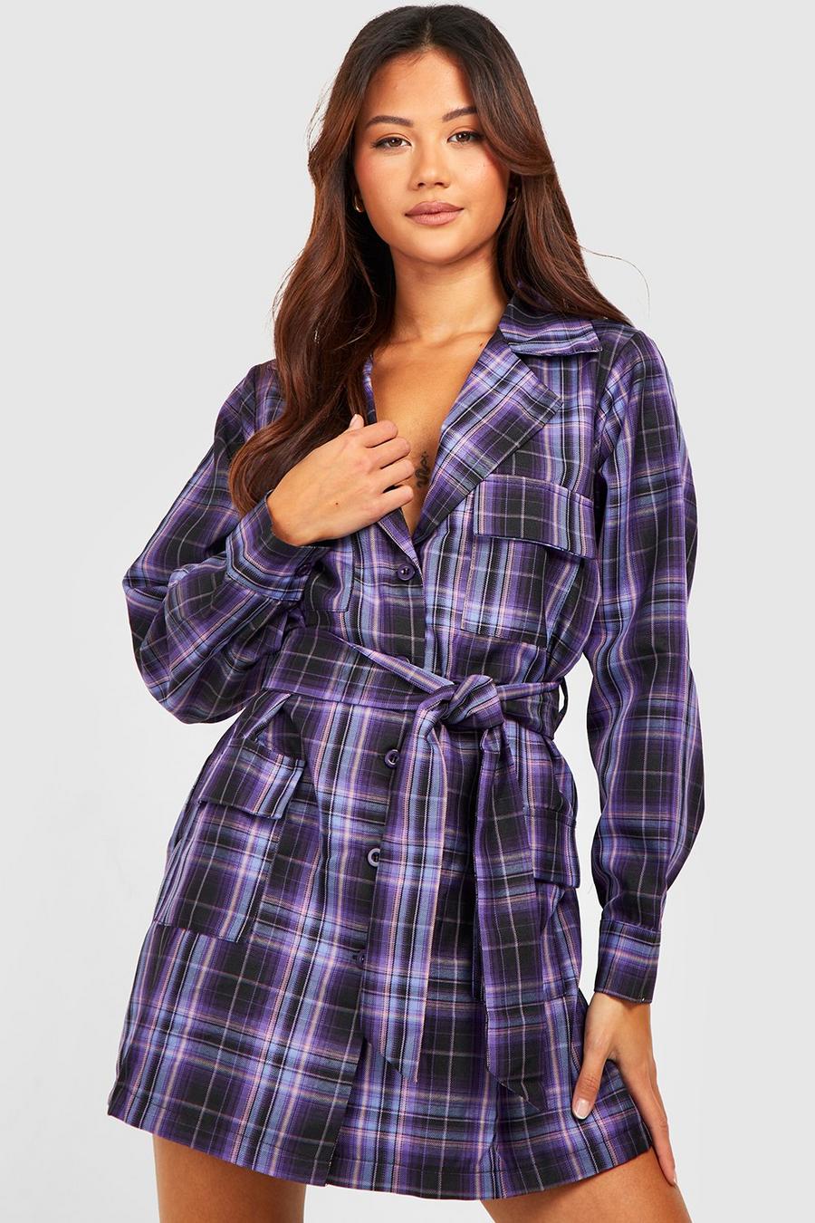Purple Petite Check Oversized Belted Shirt Dress image number 1
