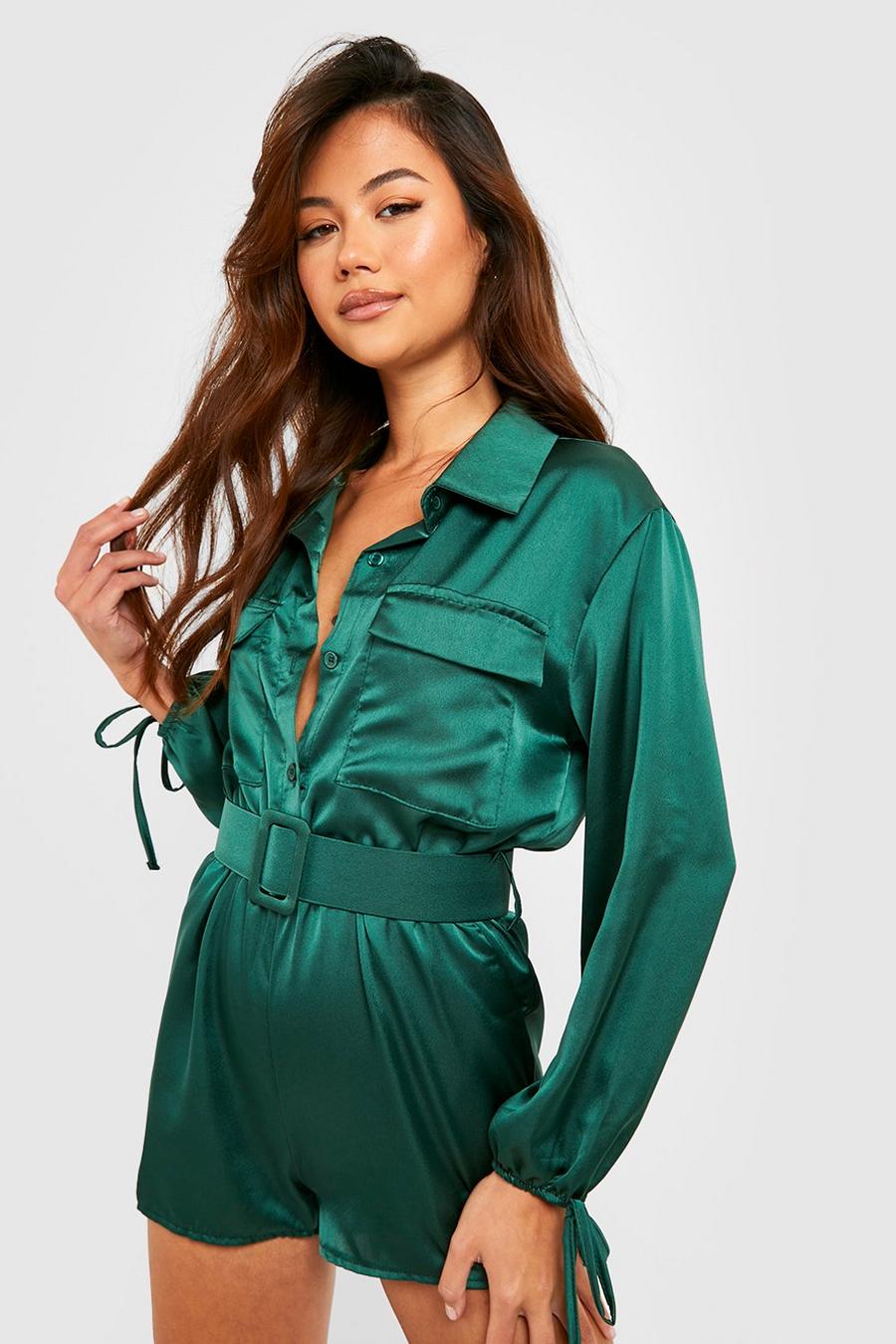 Teal green Petite Satin Utility Tie Cuff Romper image number 1