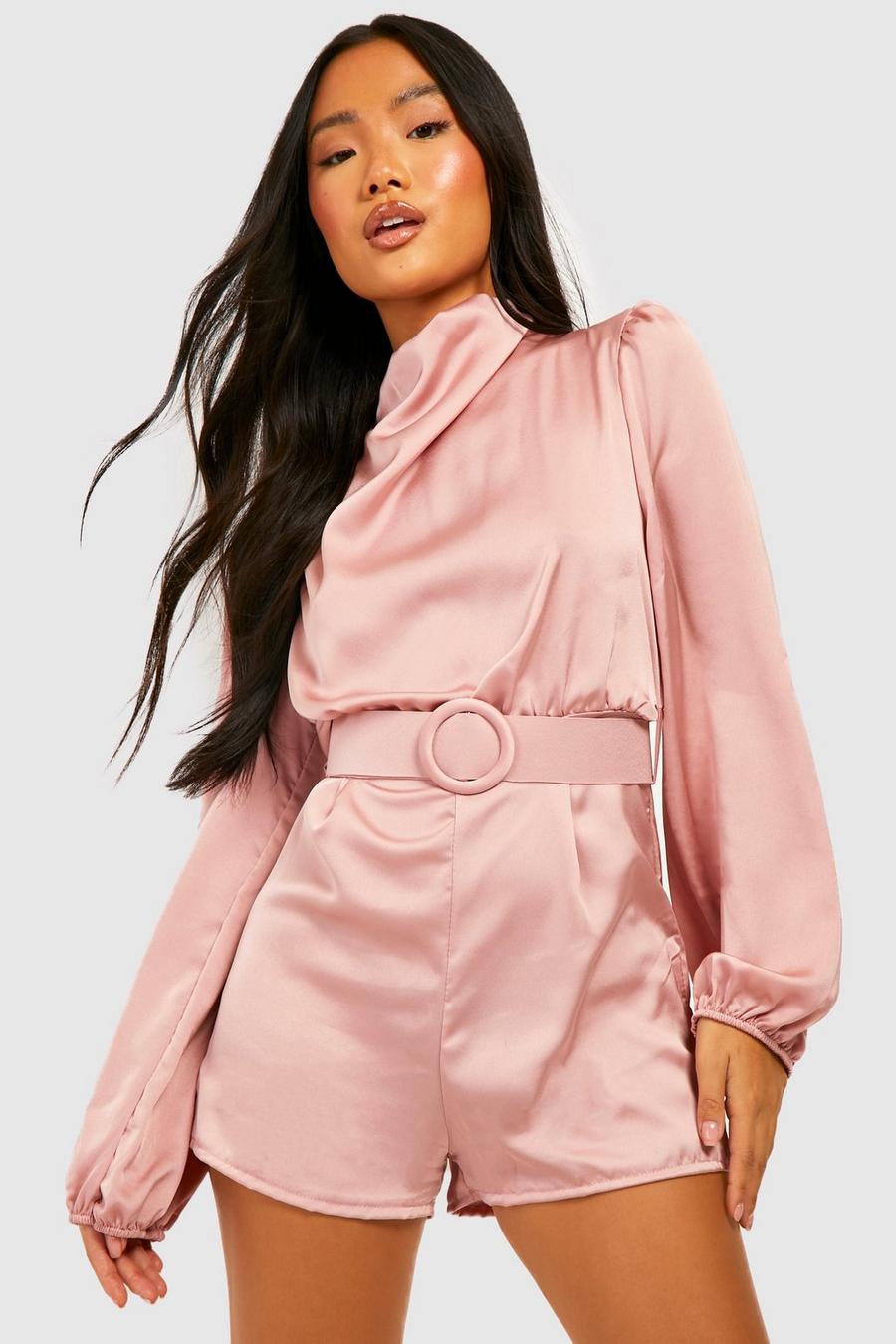 Blush pink Petite High Neck Belted Playsuit
