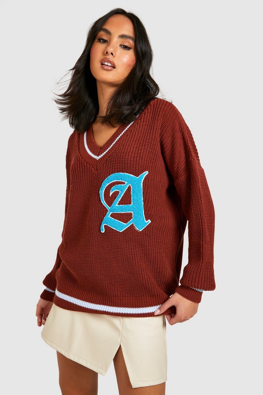 Burgundy red Embroidered Patch Cricket Sweater