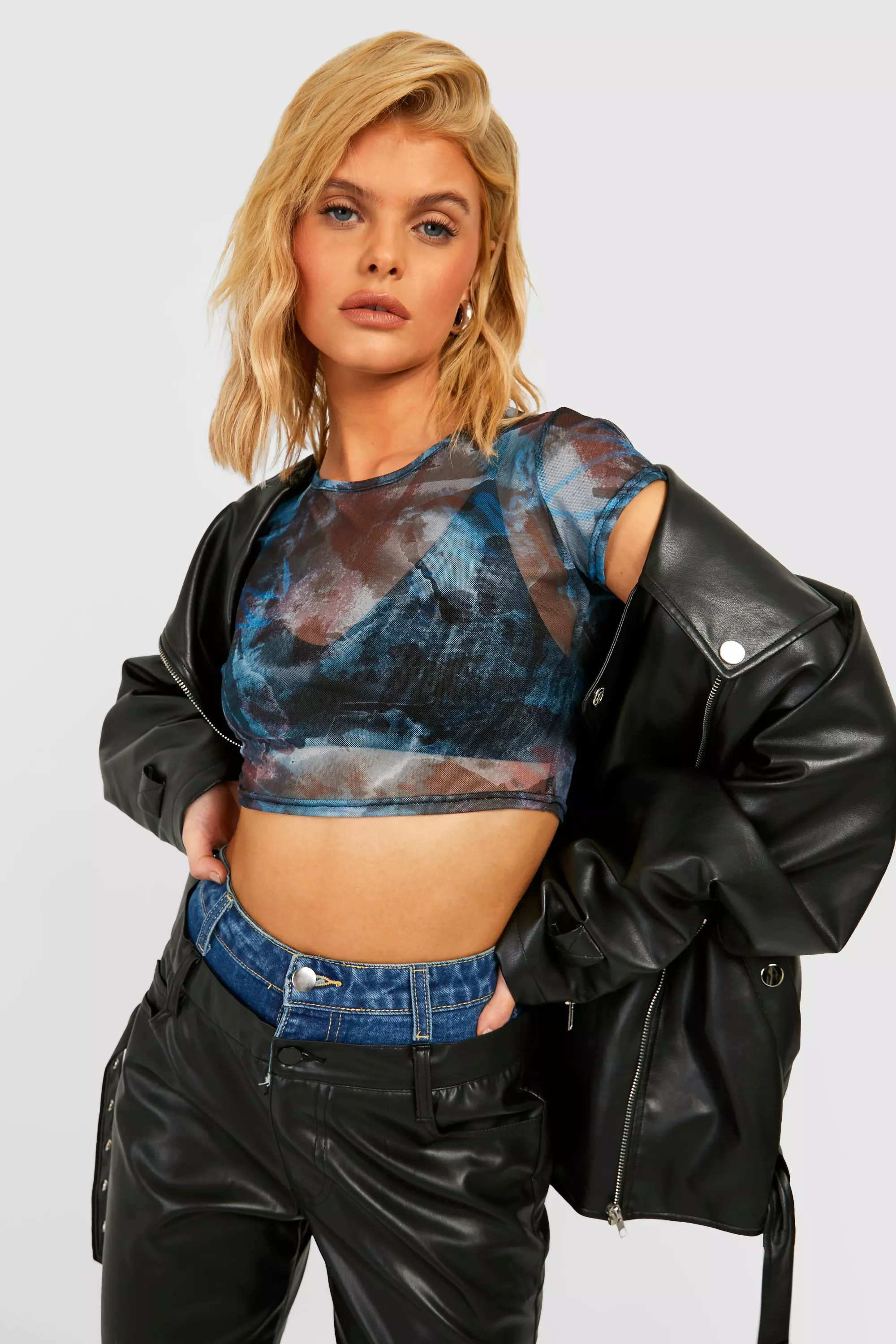Blue Printed Mesh Crop Top alternative image