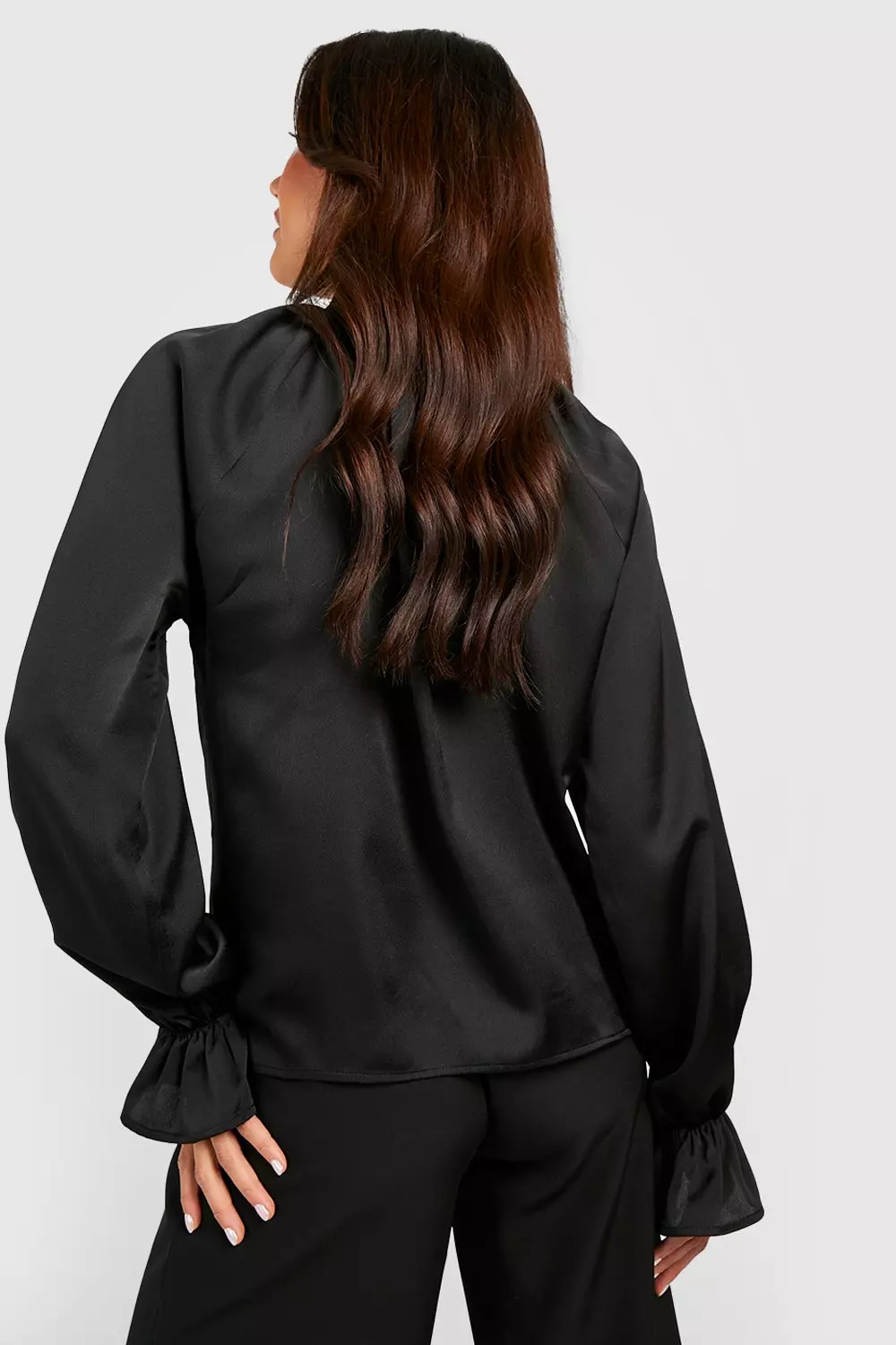Black Ruffle Neck Textured Satin Blouse alternative image