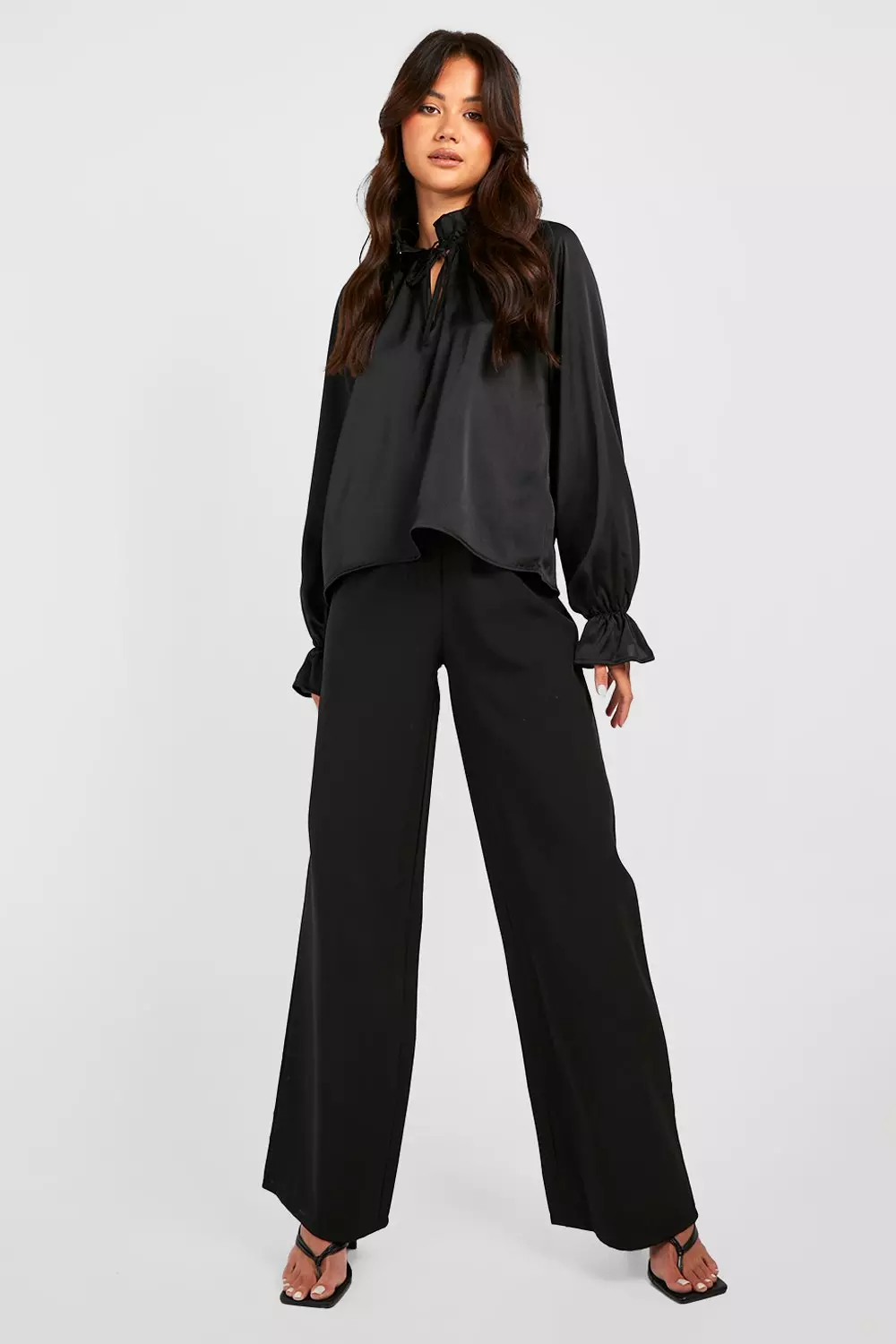 Black Ruffle Neck Textured Satin Blouse alternative image