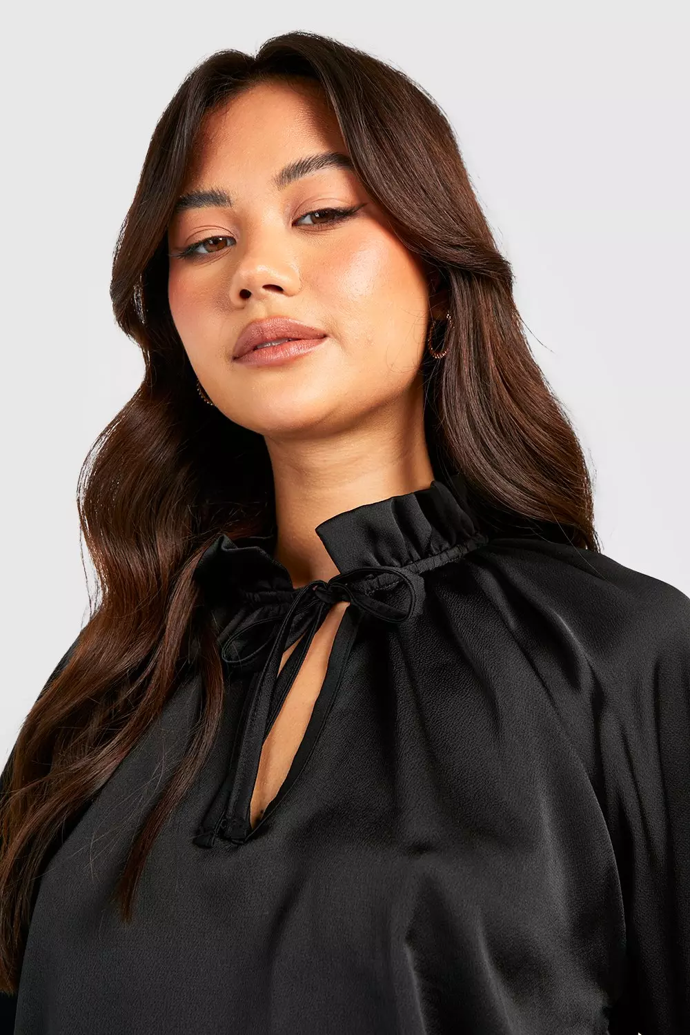 Black Ruffle Neck Textured Satin Blouse alternative image
