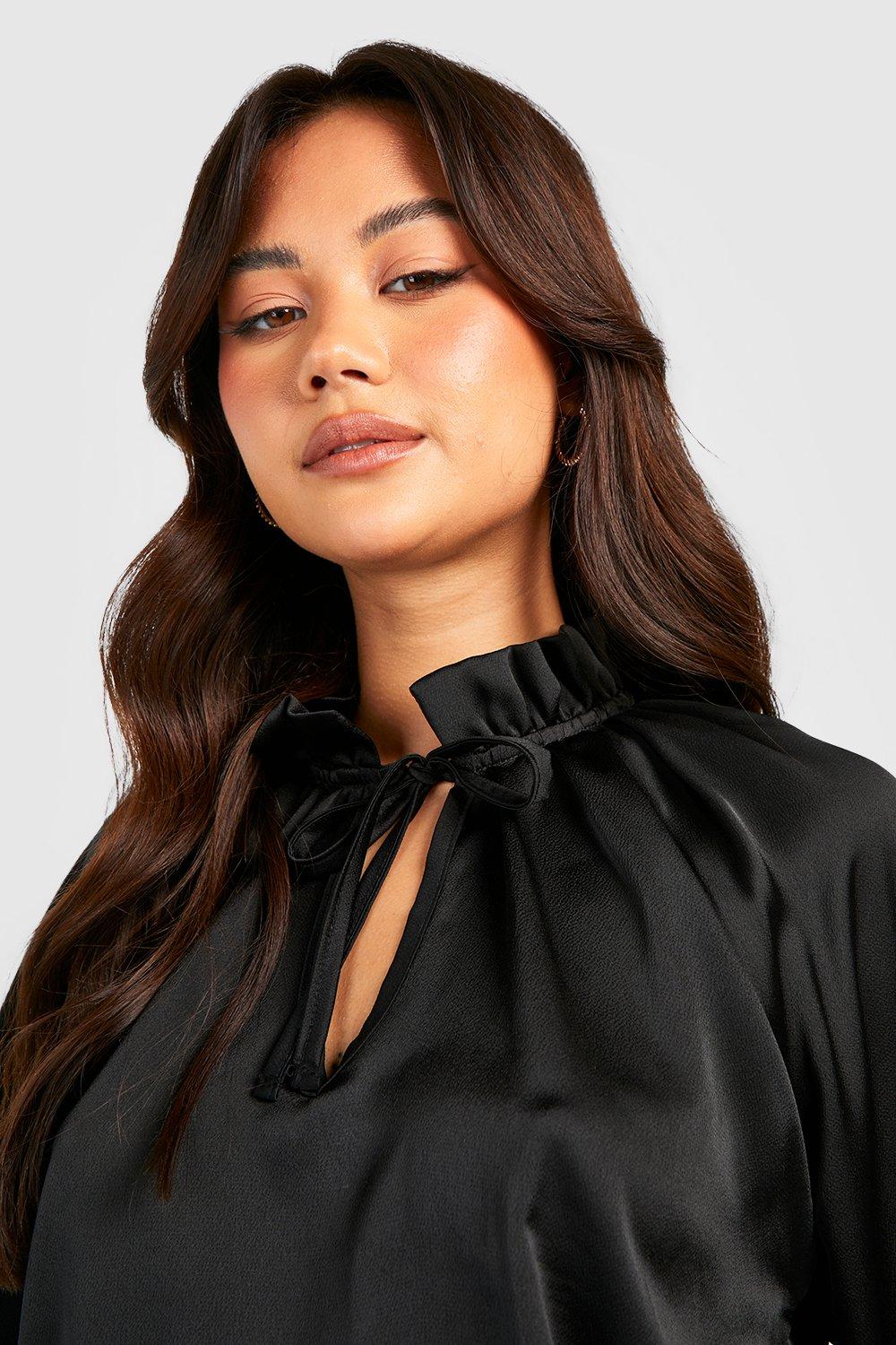 Black ruffle cheap neck blouse