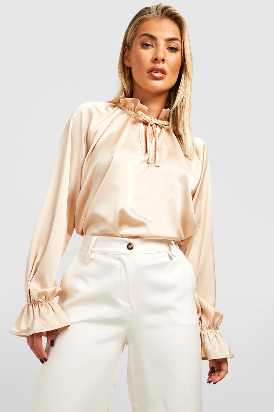 Champagne Ruffle Neck Textured Satin Blouse image number 1