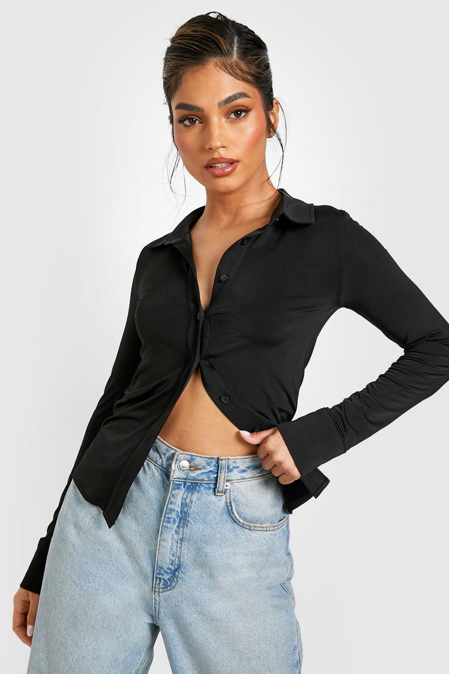 Black Slinky Ruched Fitted Shirt