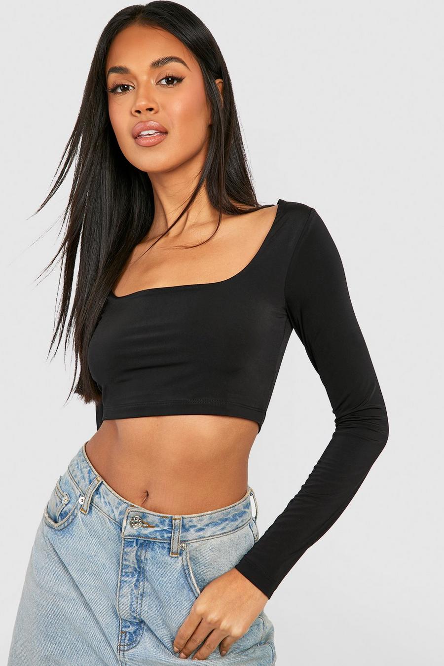 Black Recycled Square Neck Slinky Double Layer Crop image number 1