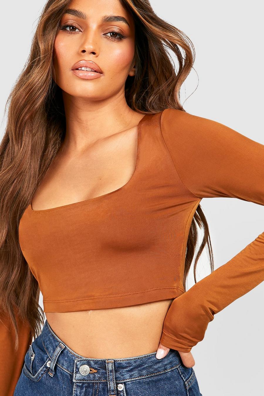Chocolate brown Recycled Square Neck Slinky Double Layer Crop