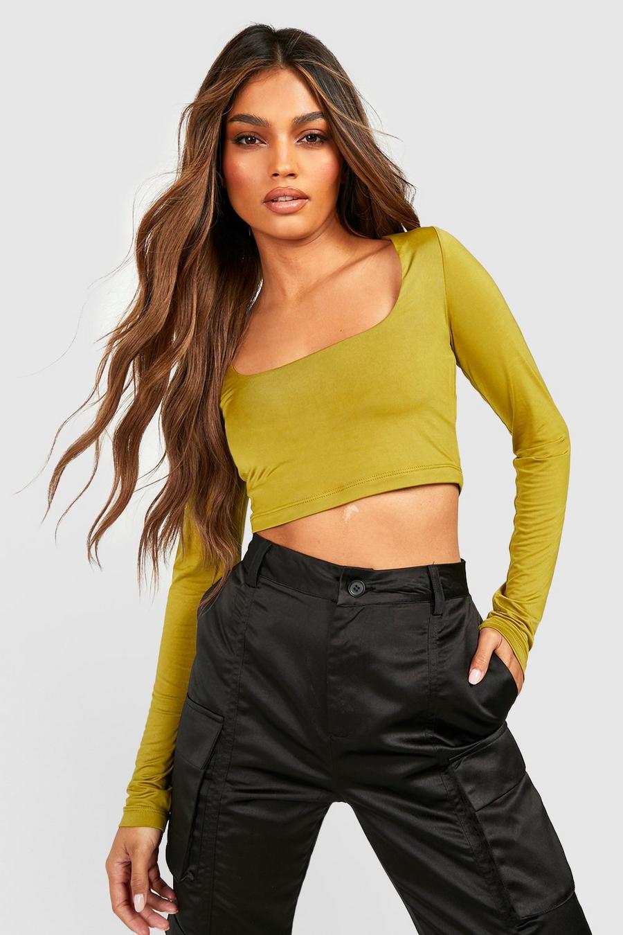 Olive green Recycled Square Neck Slinky Double Layer Crop