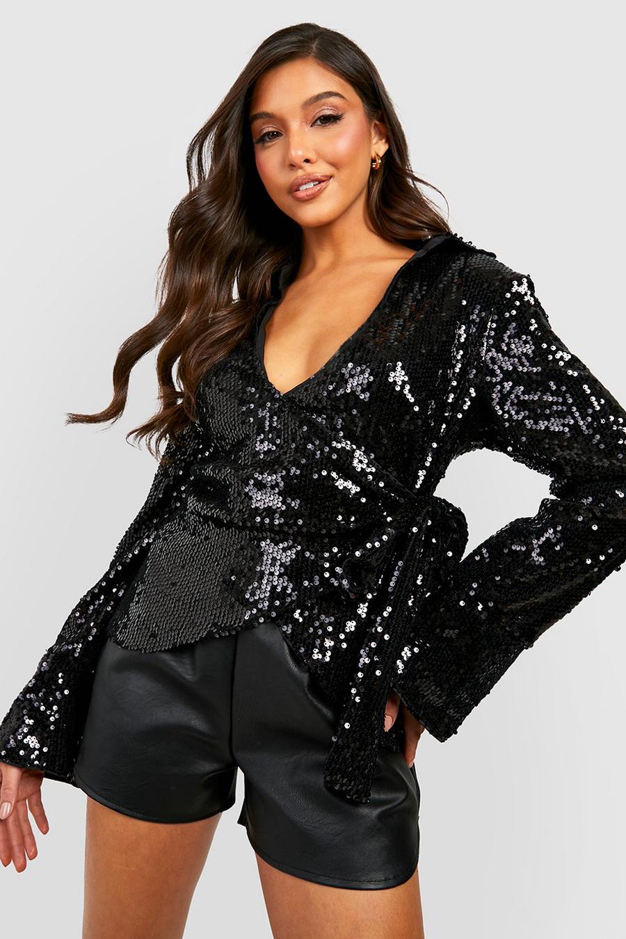 Black Glitter Wikkel Blouse Met Pailletten En Zijstrikjes