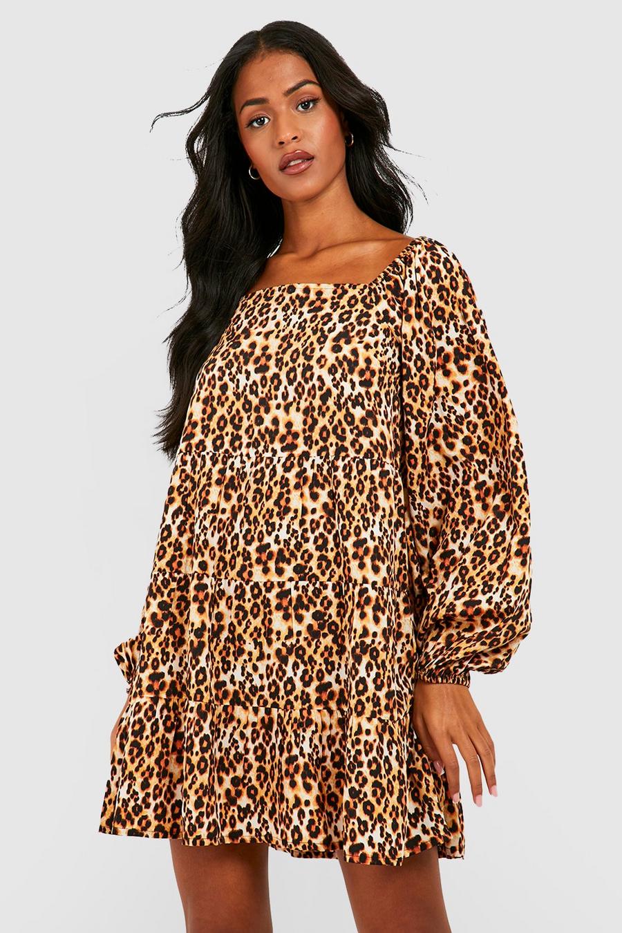 Brown Tall Leopard Square Neck Smock Dress image number 1