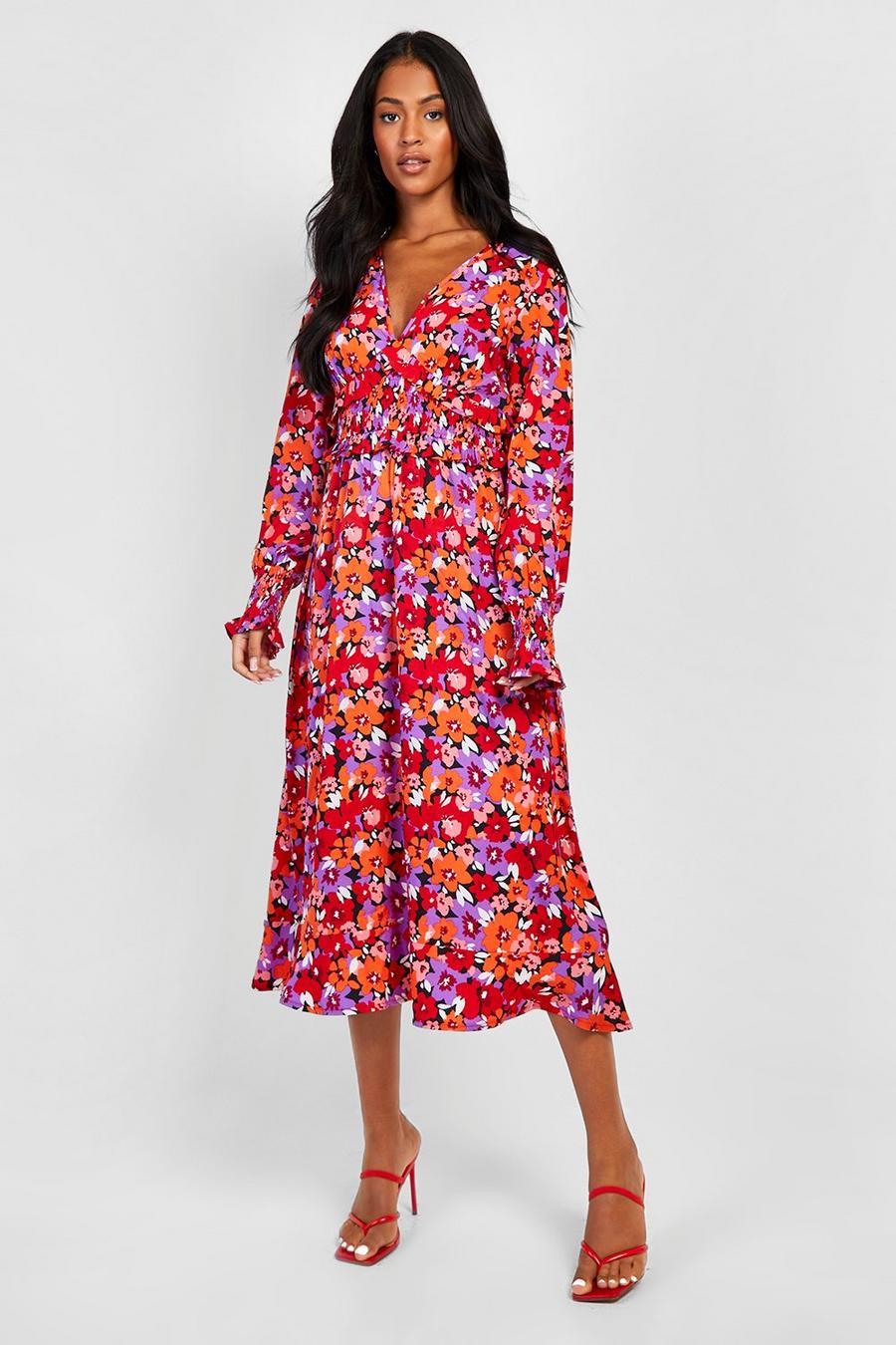 Red Tall Bright Floral Midi Shirred Dress image number 1