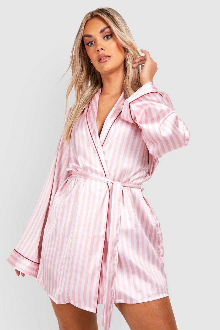 Pink rose Plus Contrast Piping Candy Stripe Robe