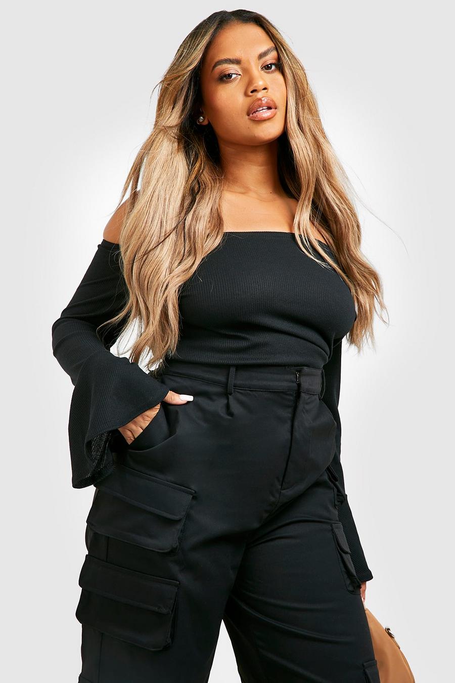 Black Plus Rib Bardot Flare Sleeve Bodysuit image number 1