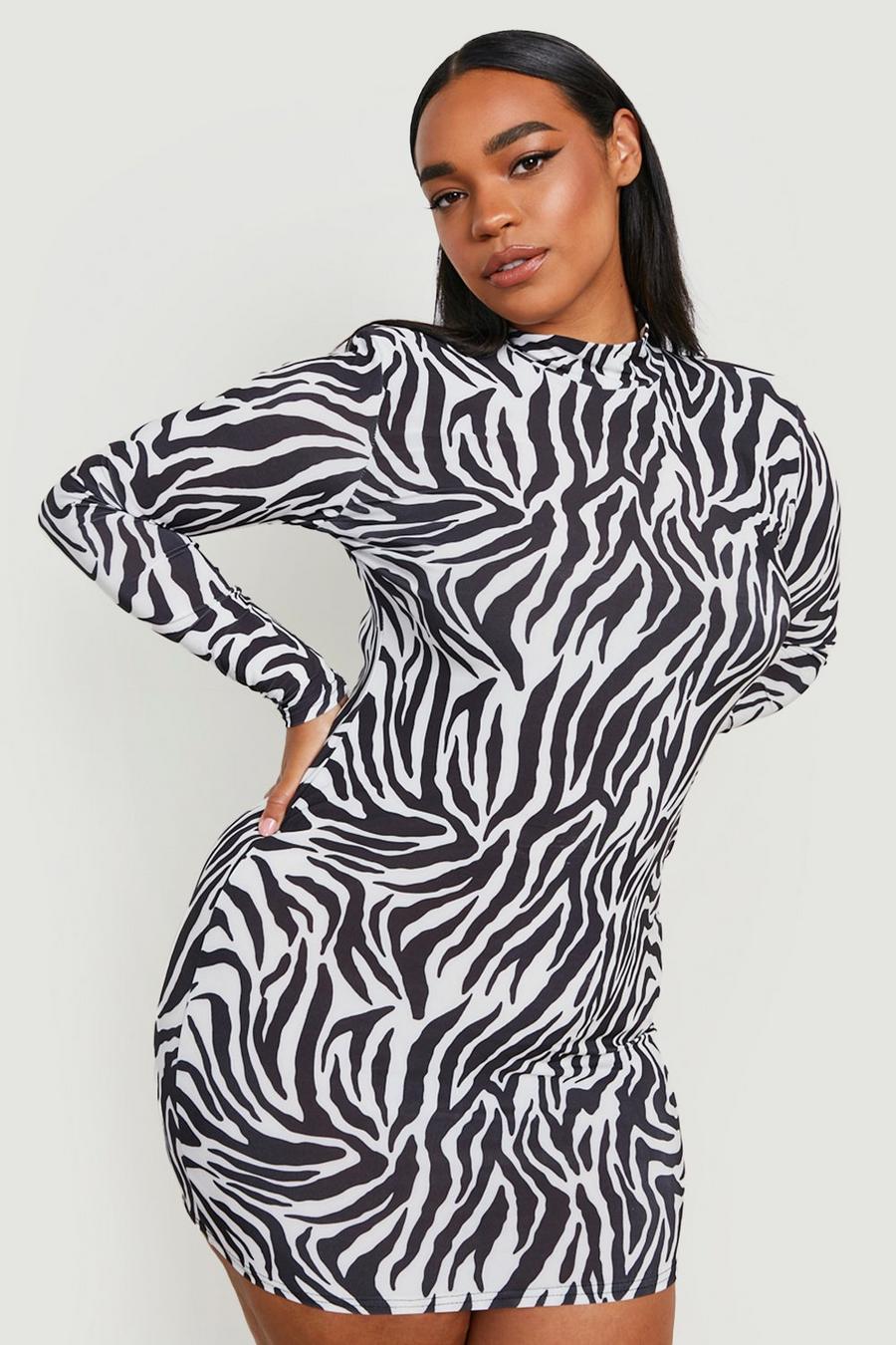 Black svart Plus Zebra Slinky Shoulder Pad Bodycon Dress