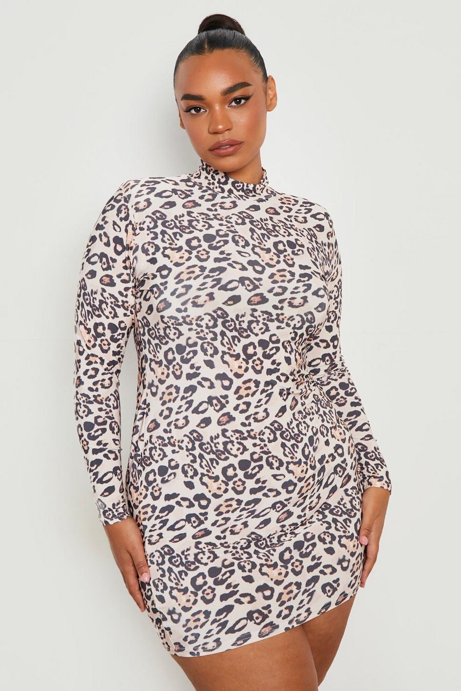 Brown brun Plus Leopard Slinky Shoulder Pad Bodycon Dress image number 1