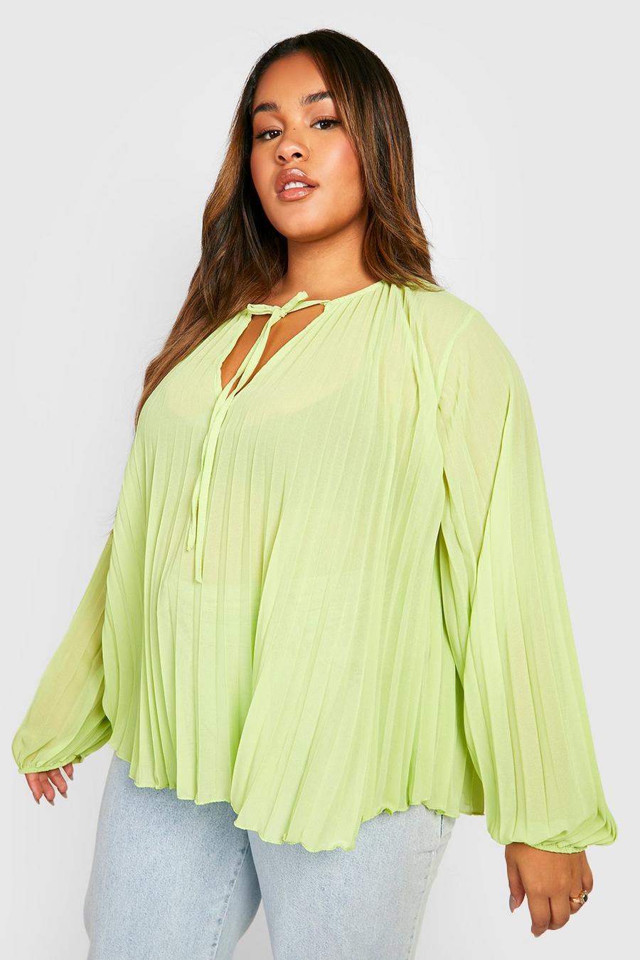 Lime green Plus Chiffon Pleated Tie Blouse  image number 1