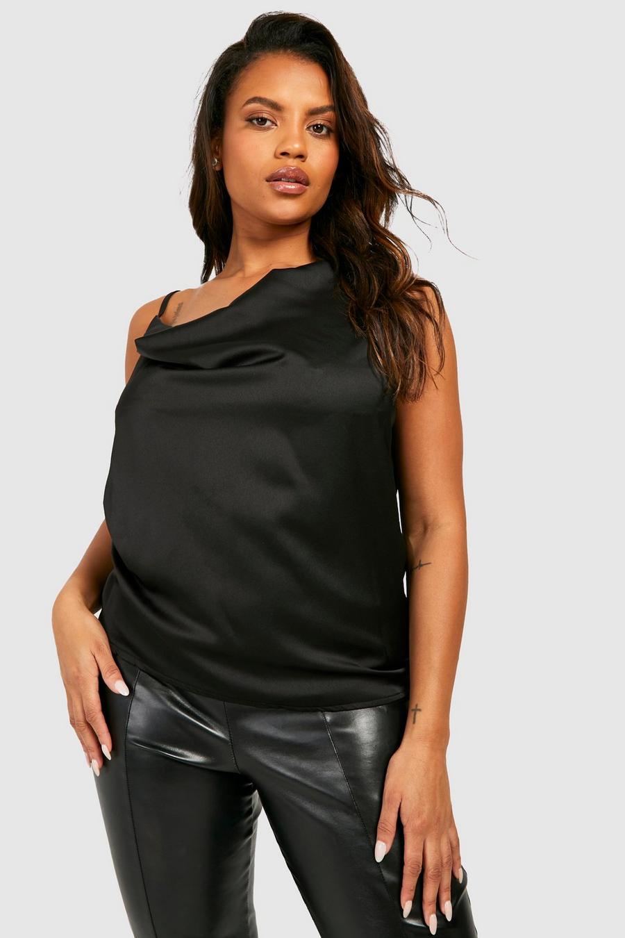 Black Plus Satin Cowl Drape Shoulder Camisole image number 1