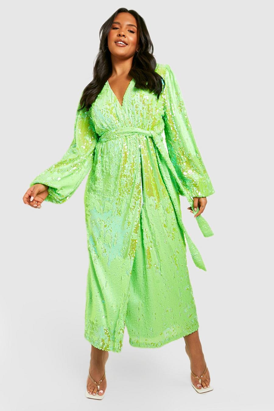 Lime green Plus Sequin Neon Wrap Midi Dress