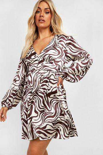 Plus Zebra V Neck Smock Dress brown