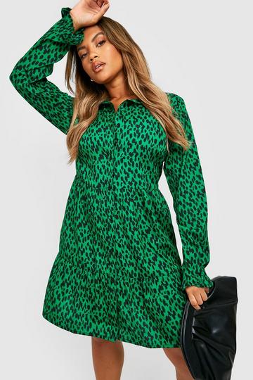 Plus Animal Smock Shirt Dress green