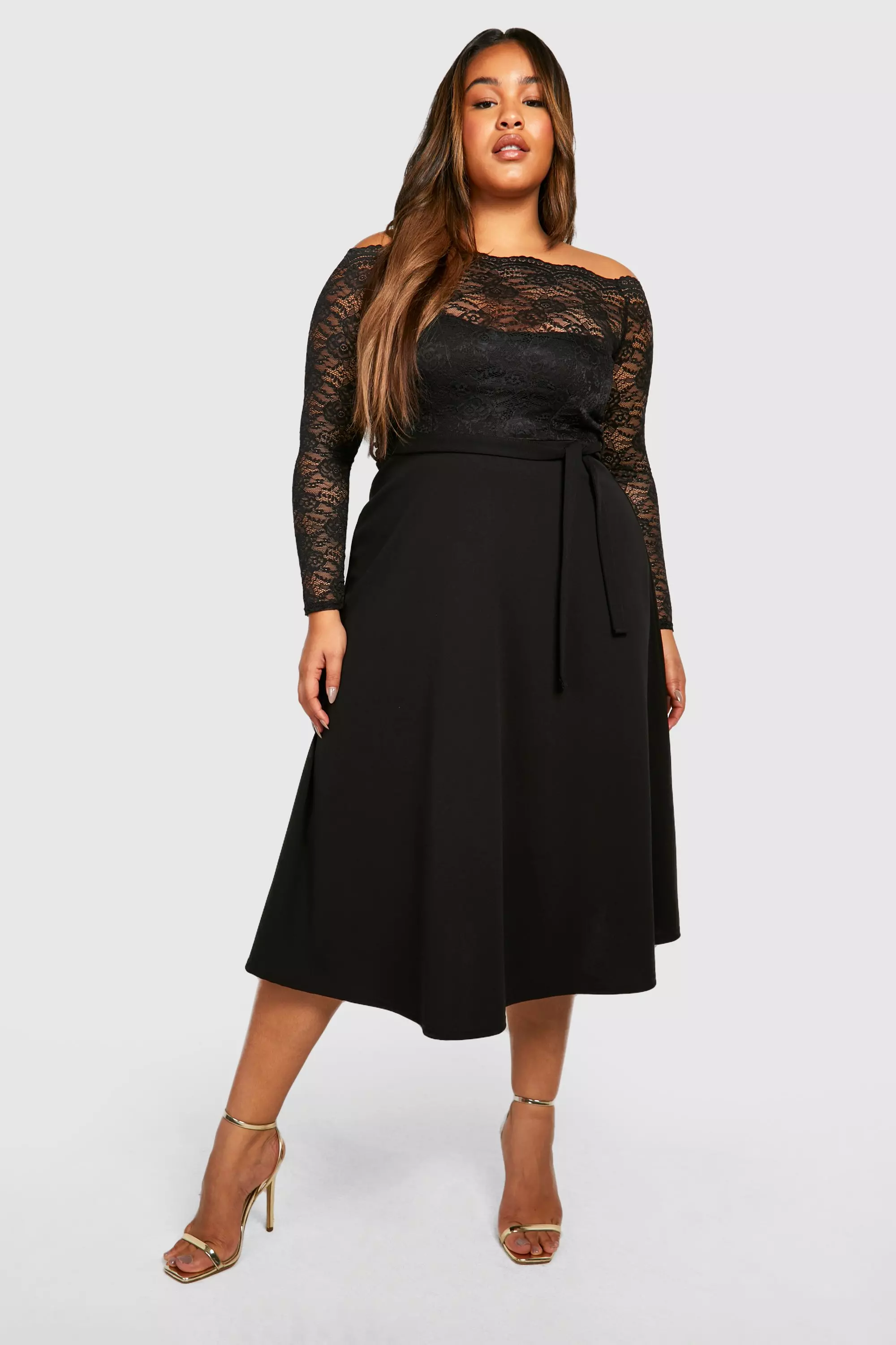 Black lace off the shop shoulder plus size dress