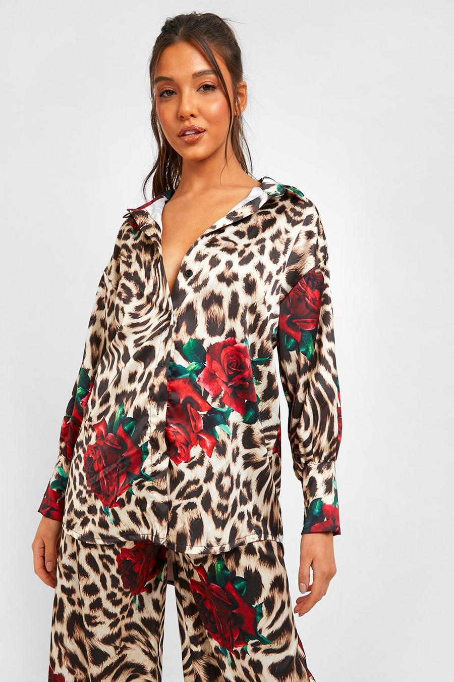 Brown Satin Leopard Rose Print Oversized Shirt  image number 1