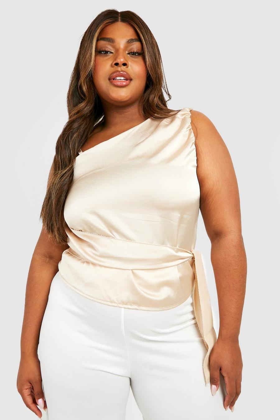 Champagne beige Plus Satin Ruched Satin Wrap Top image number 1