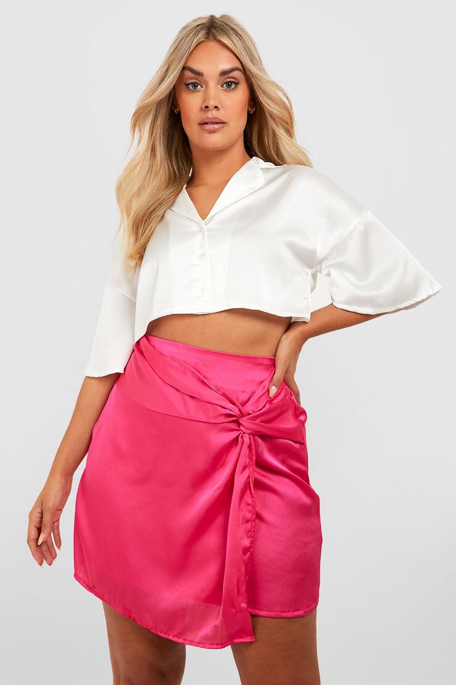 Hot pink Plus Satin Twist Front Mini Skirt