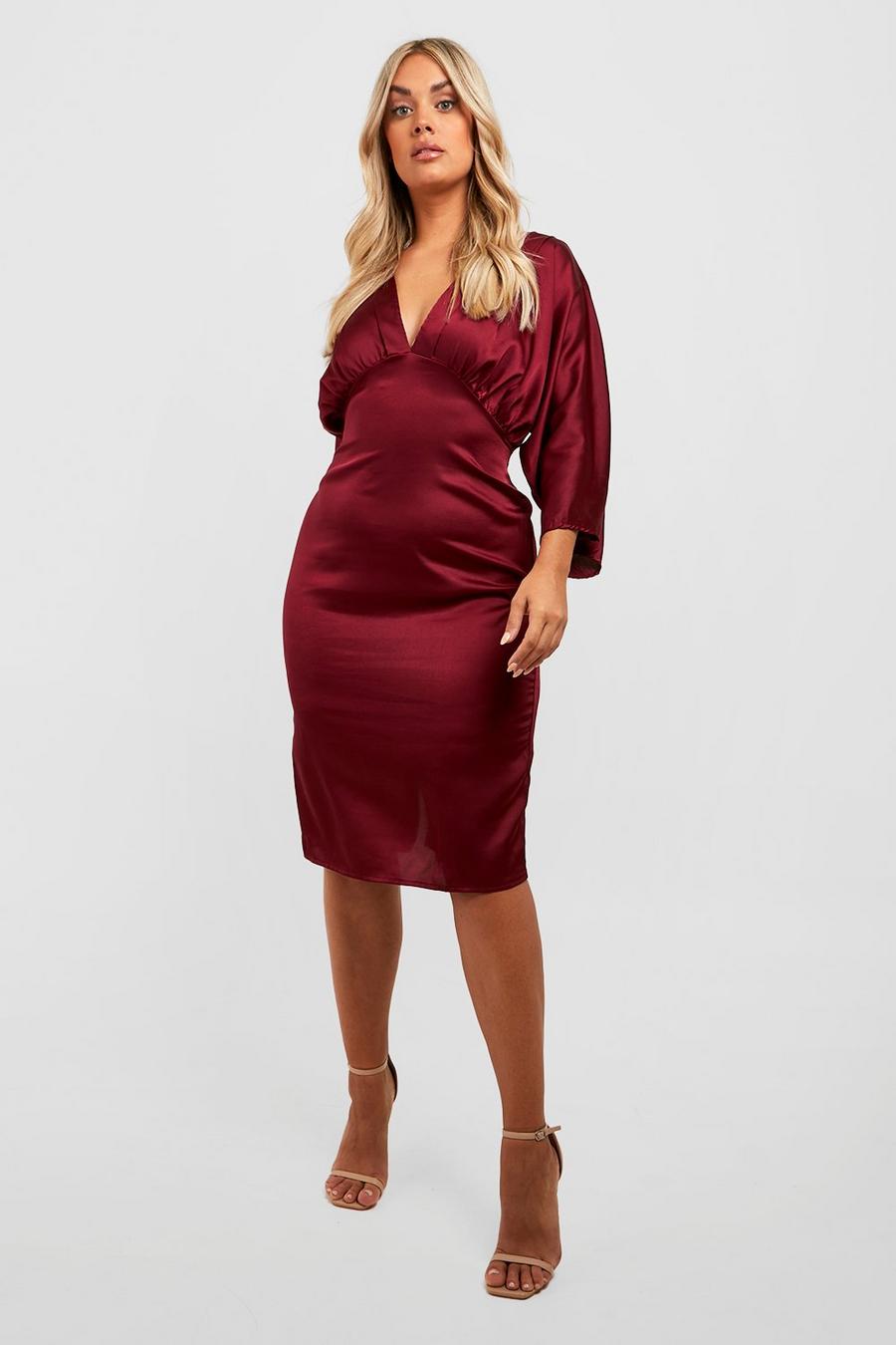 Berry Plus Satin Pleated Batwing Midi Dress image number 1