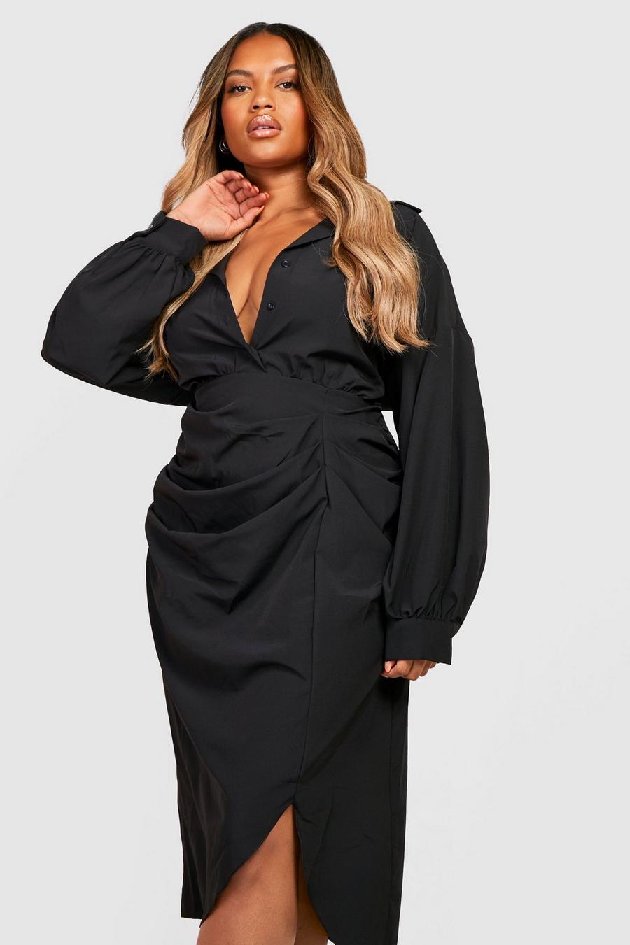 Black Plus - Knälång skjortklänning med rynkade detaljer