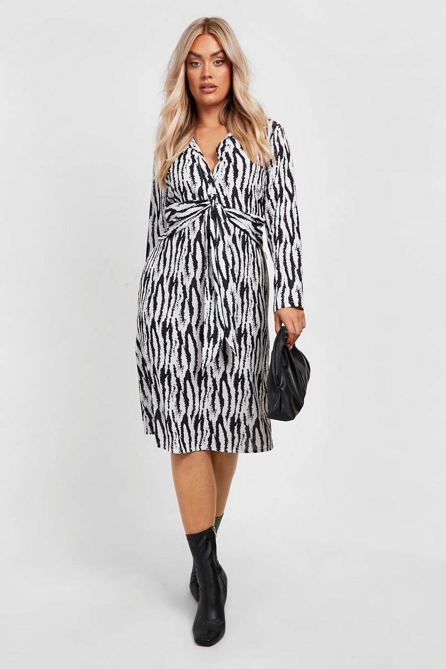 Black Plus Zebra Woven Midi Shirt Dress