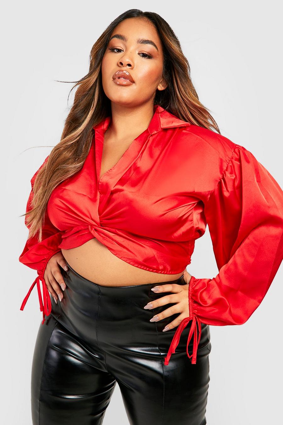Red Plus Satin Twist Front Shirt Top image number 1