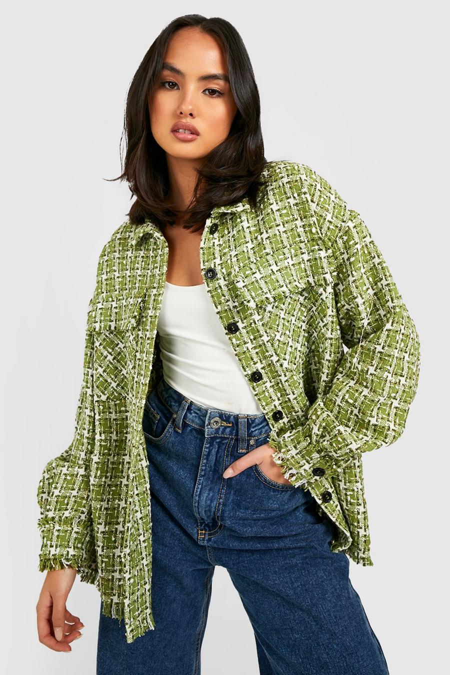 Green Premium Boucle Oversized Checked Shirt image number 1