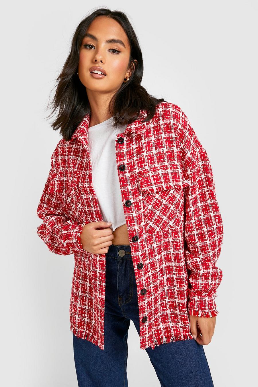 Red Premium Boucle Oversized Checked Shirt image number 1